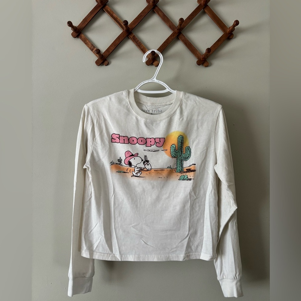 Western Snoopy Long Sleeve Crop Top - Cream